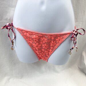 Victoria's Secret Teeny Bikini Bottom Coral Lace Crocheted Rope Tie Large Size M